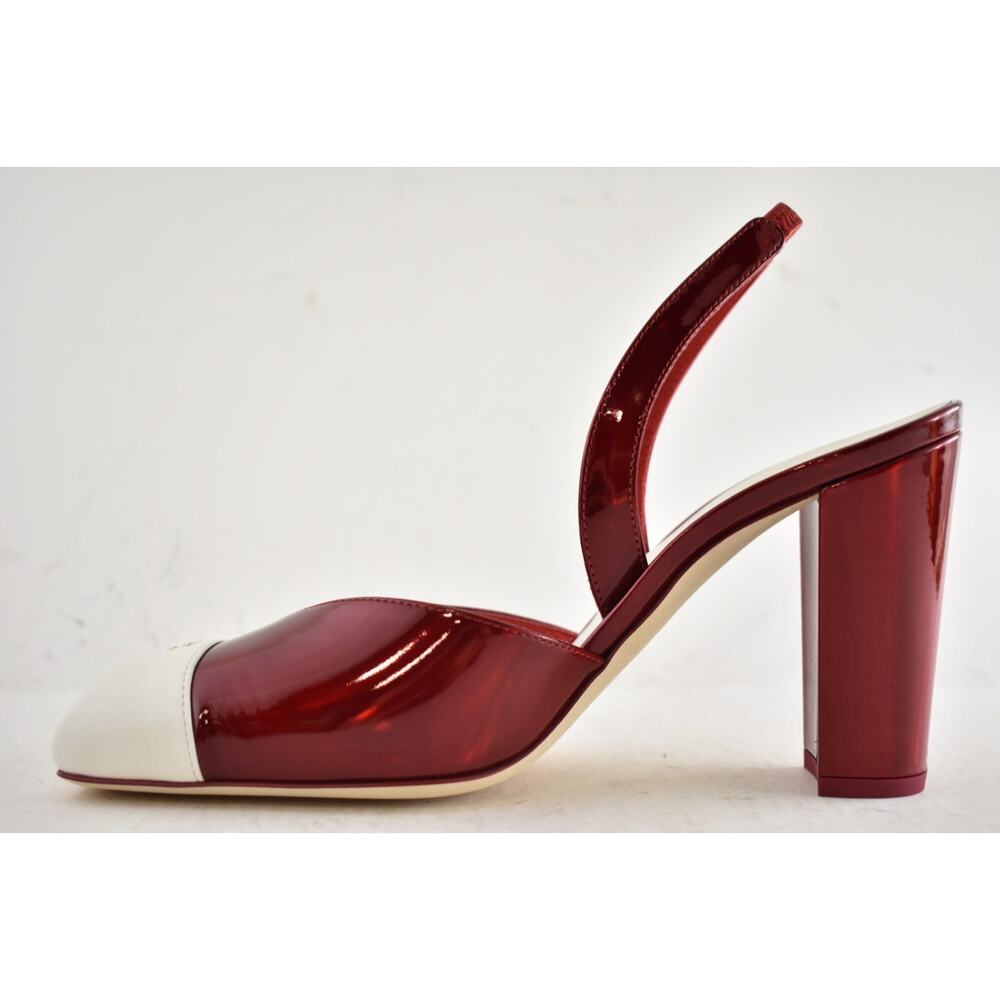 Chanel 26S Blazy Red White Square Toe Sling CC Logo Slingback Block Heel Pump 38 - Picture 15 of 16